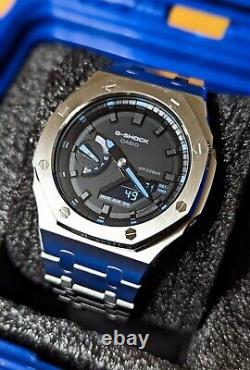 Custom CasiOak G-Shock GA2100 Mod Watch Stainless Steel Neon Blue Accent